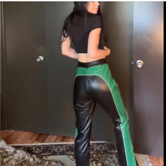 Custom Two-Tone Lamb Leather Moto Pants – Green/Black – Size ~S - Picture 4 of 4